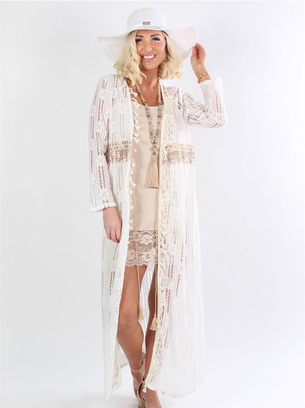 Jessie - Sort lang blondekimono med glimmertråde og pailletter